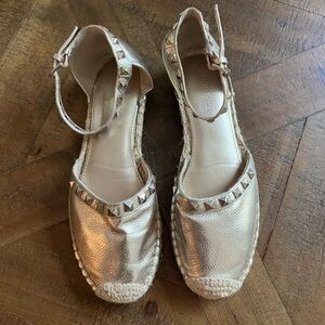 Marc Fisher | Gold Espadrille Flat Sandals in Very Good Used Condition.